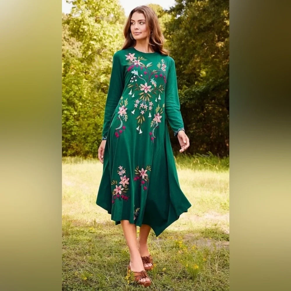 Johnny Was Amarylla Handkerchief Green Floral Embroidered Midi Dress - Medium - Picture 2 of 12